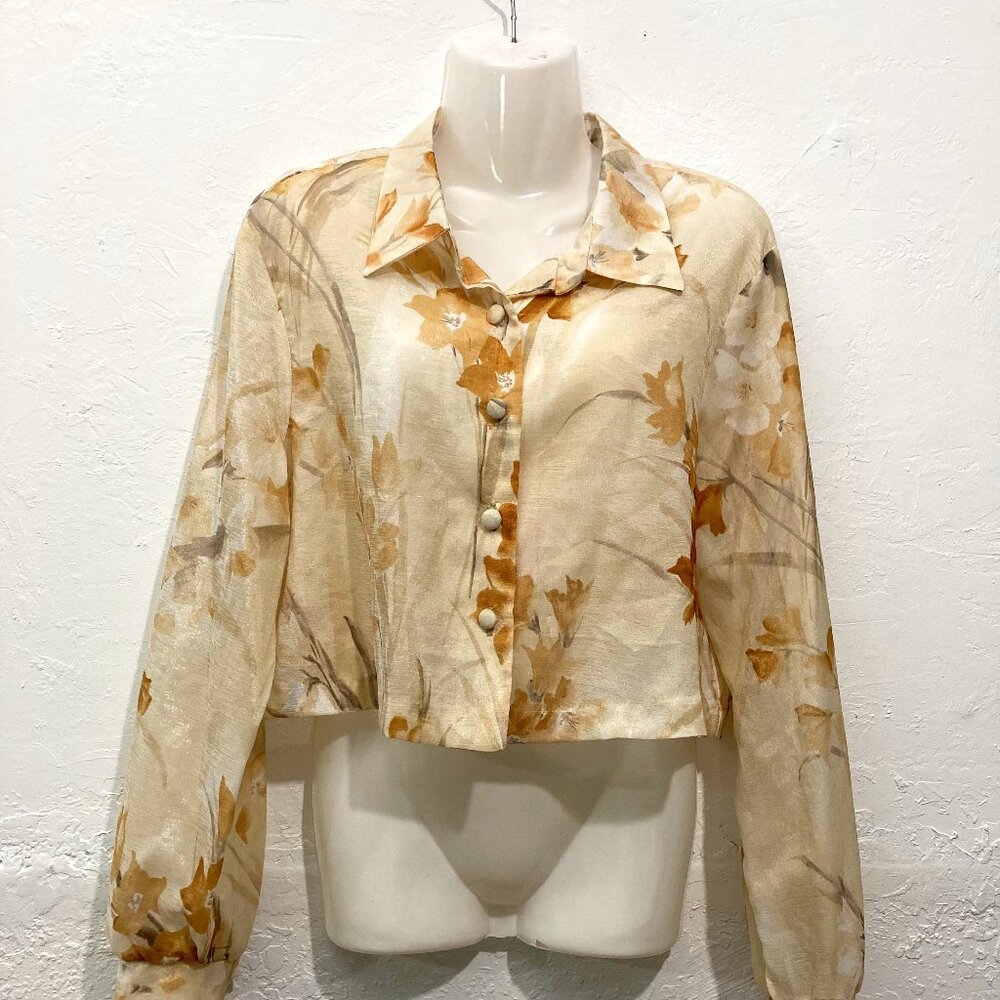 Vintage Y2K BETSY's THINGs Button Down Crop Shirt Top Sheer Floral 14